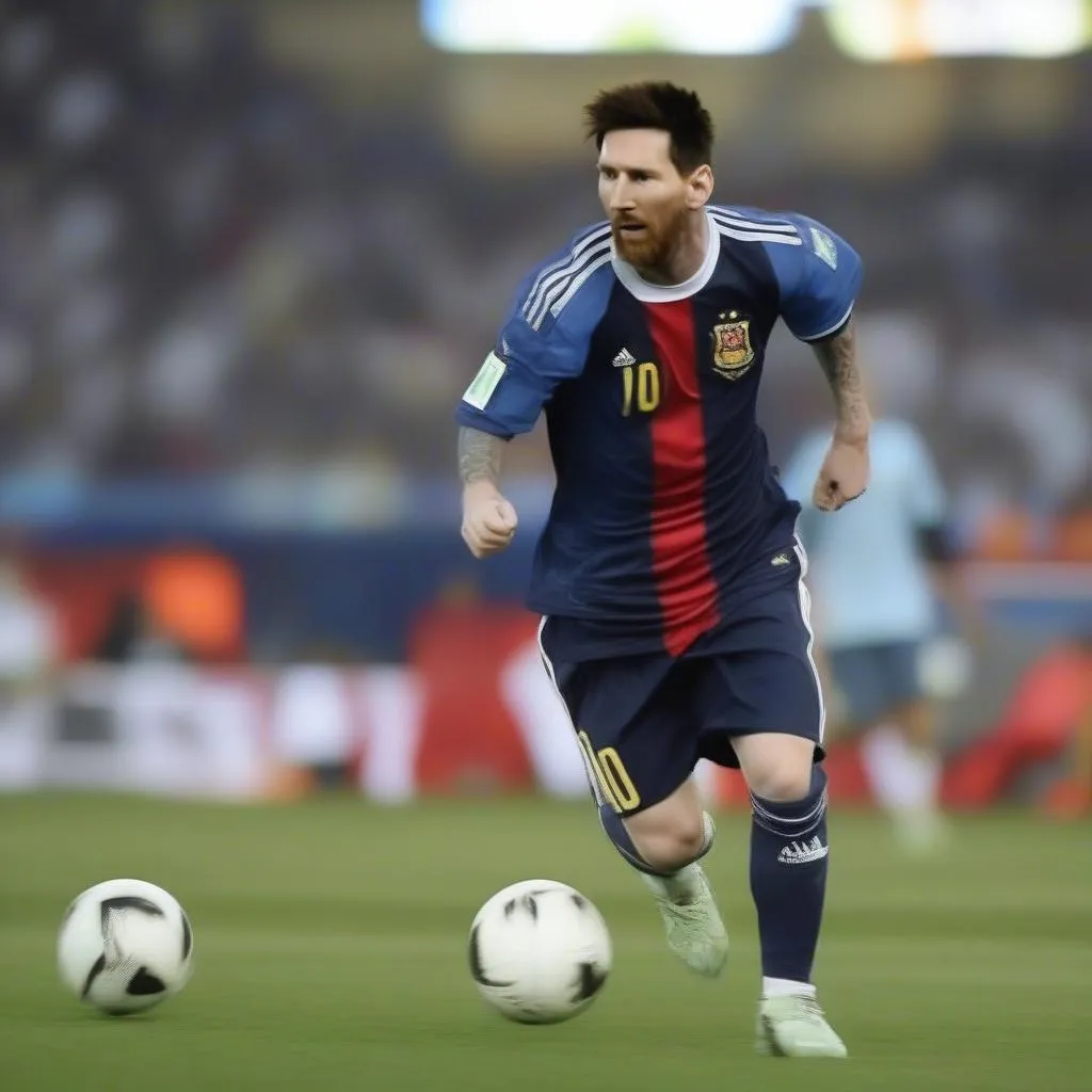 Hình ảnh Lionel Messi thi đấu cho đội tuyển quốc gia Argentina, với sự nỗ lực, quyết tâm, và tinh thần chiến đấu mãnh liệt của một thủ lĩnh.