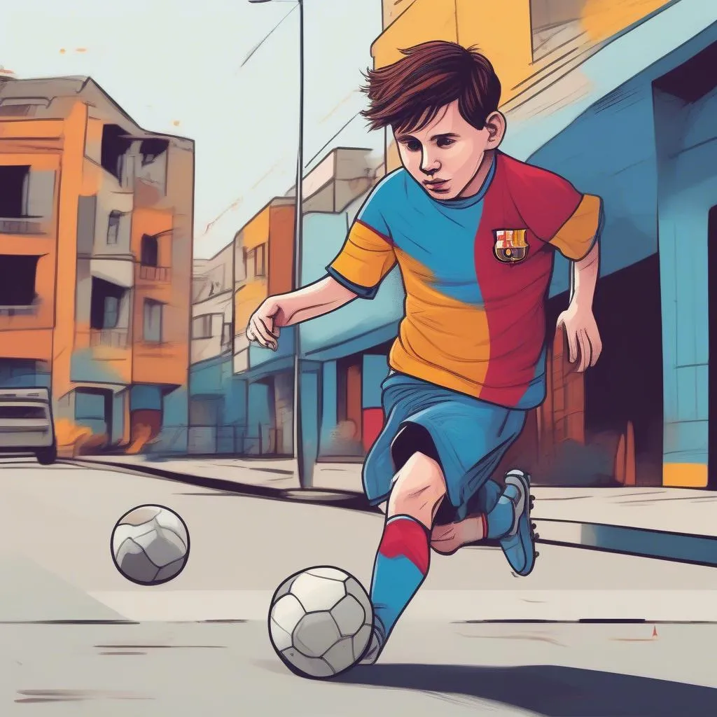 A young Messi playing football in his childhood