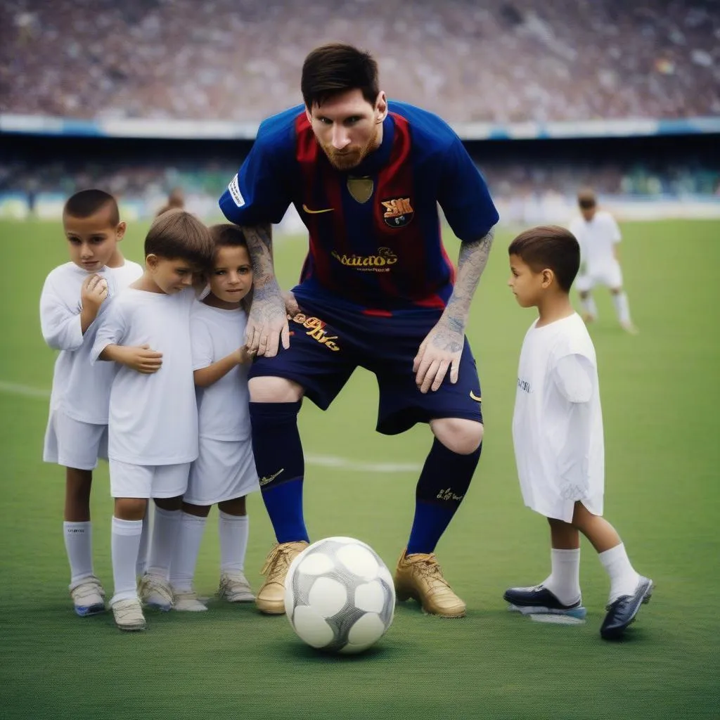 Hình ảnh Messi cùng các cầu thủ trẻ, thể hiện sự truyền cảm hứng của anh