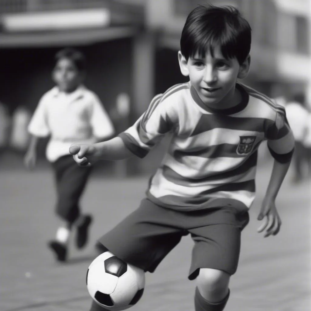 Hình ảnh Lionel Messi thời thơ ấu chơi bóng trên đường phố tại Rosario, Argentina, với biểu cảm ngây thơ, hồn nhiên và niềm đam mê cháy bỏng với trái bóng tròn.