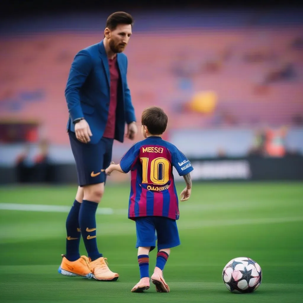 Lionel Messi and his son playing at Camp Nou Stadium