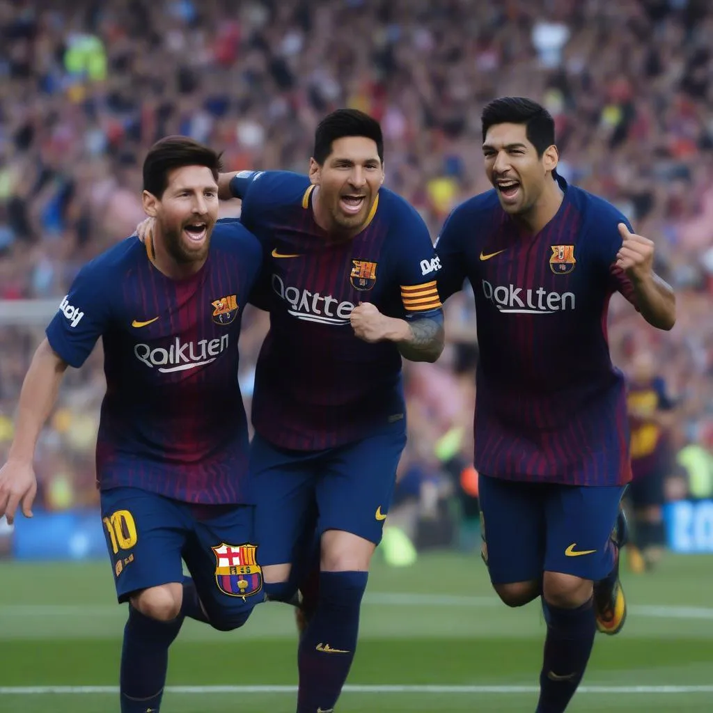 Messi và Suarez ăn mừng bàn thắng