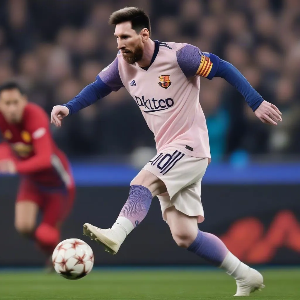 Messi dribbles past Manchester United defenders in the 2019 Champions League round of 16