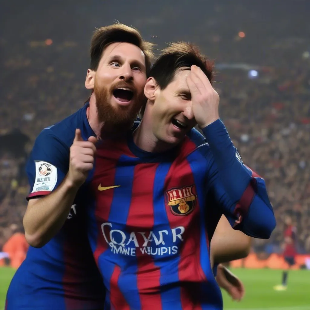 Lionel Messi celebrating after scoring a goal against Manchester United in the Champions League