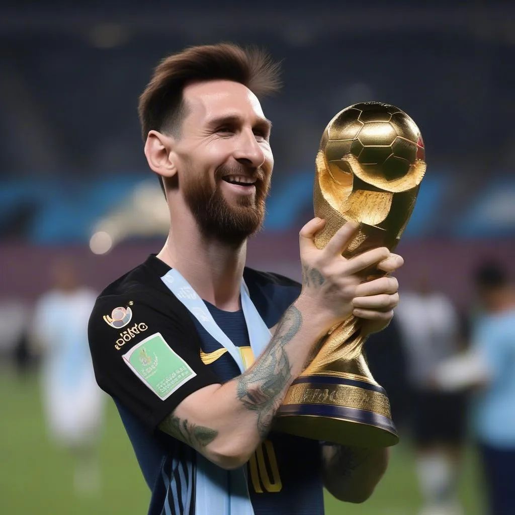 Hình ảnh Messi nâng cao chiếc cúp World Cup 2022 