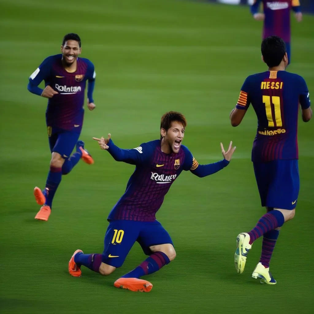 Neymar Suarez Messi ăn mừng bàn thắng