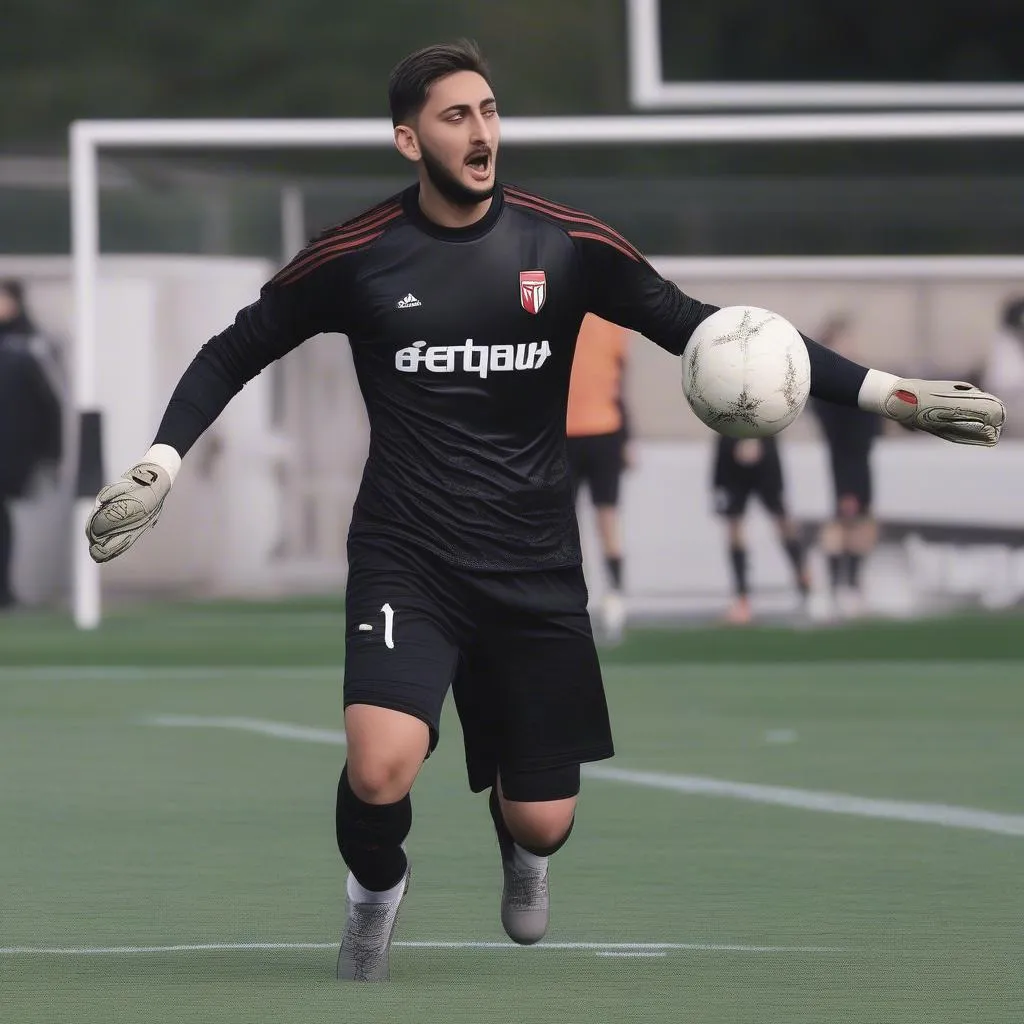 Hình ảnh Gianluigi Donnarumma đang thi đấu trong một trận đấu bóng đá, thể hiện phong cách chuyên nghiệp và sự tự tin