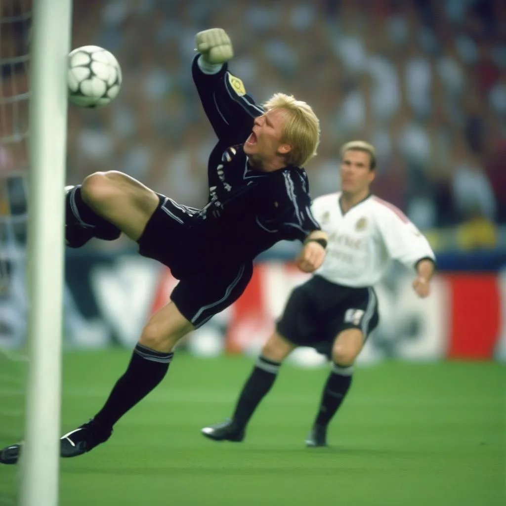 Oliver Kahn cản phá cú sút phạt của Zidane trong trận chung kết Champions League 1999