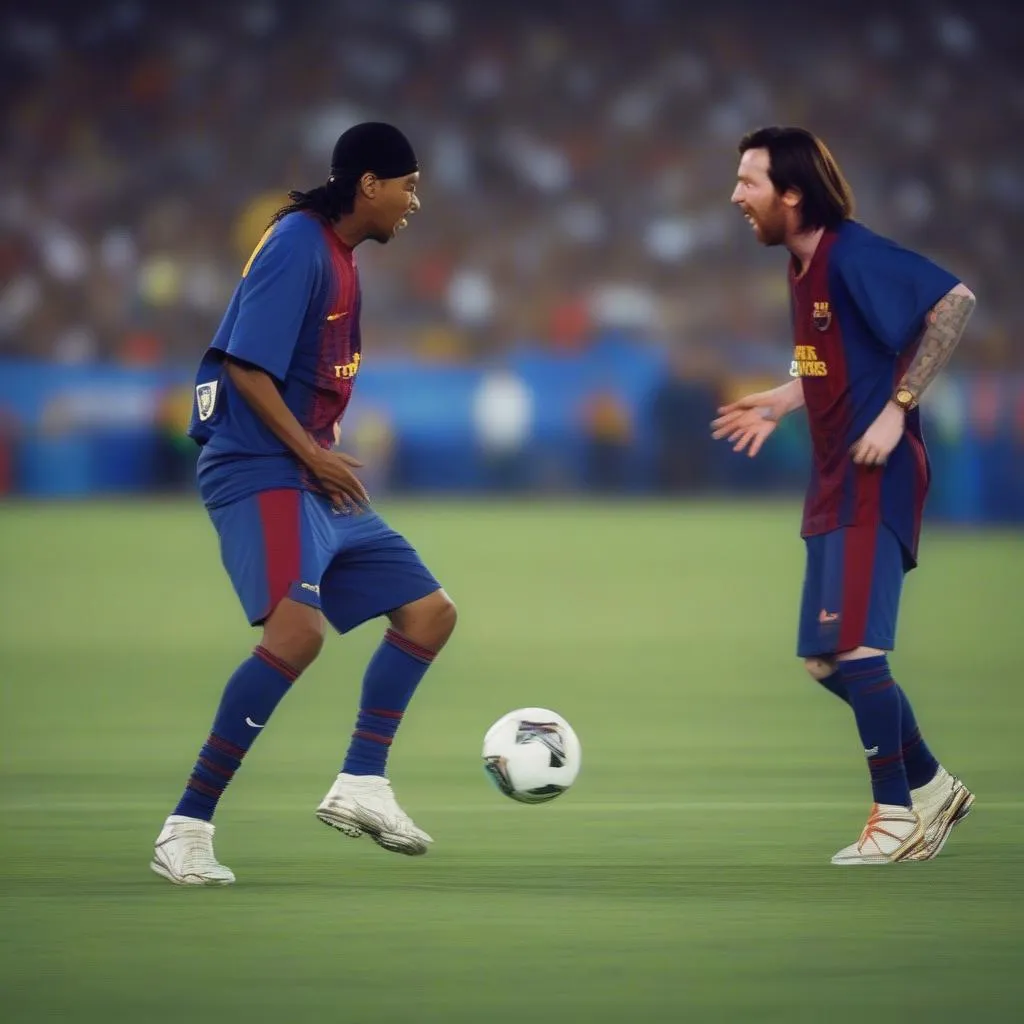 Ronaldinho và Messi, hai huyền thoại bóng đá, cùng tạo nên những khoảnh khắc bất hủ