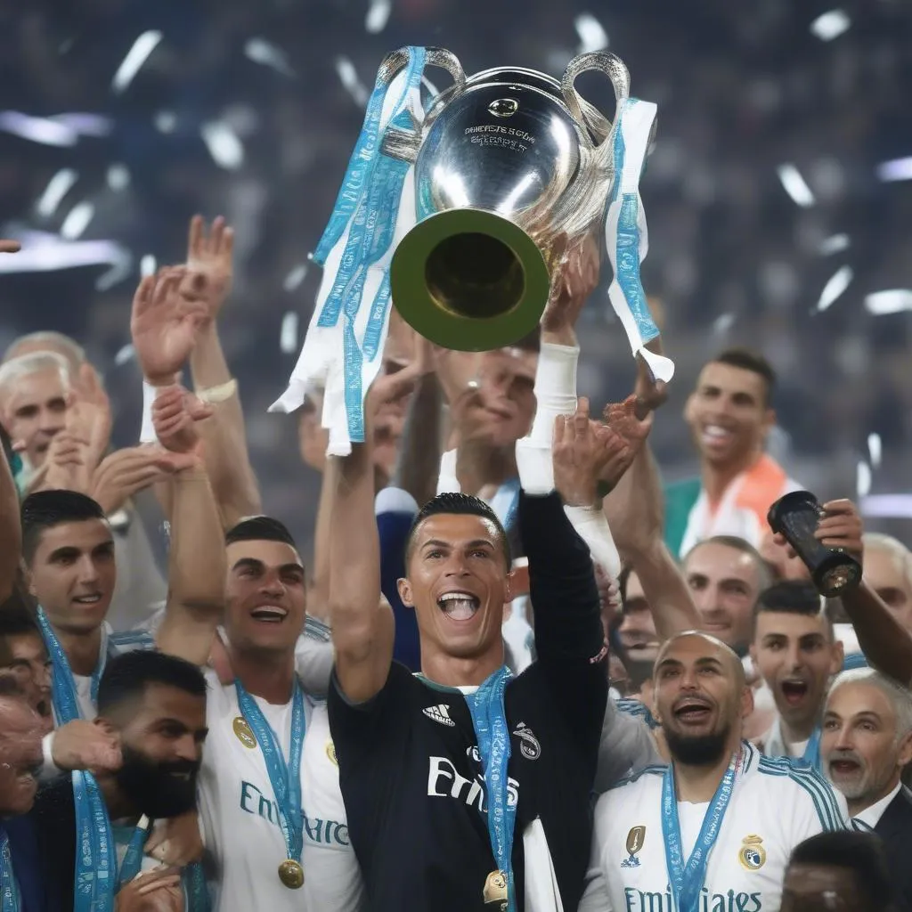 Cristiano Ronaldo giơ cao chiếc cúp C1 danh giá