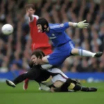 Petr Cech bị Stephen Hunt va chạm trong trận đấu giữa Chelsea và Reading năm 2006