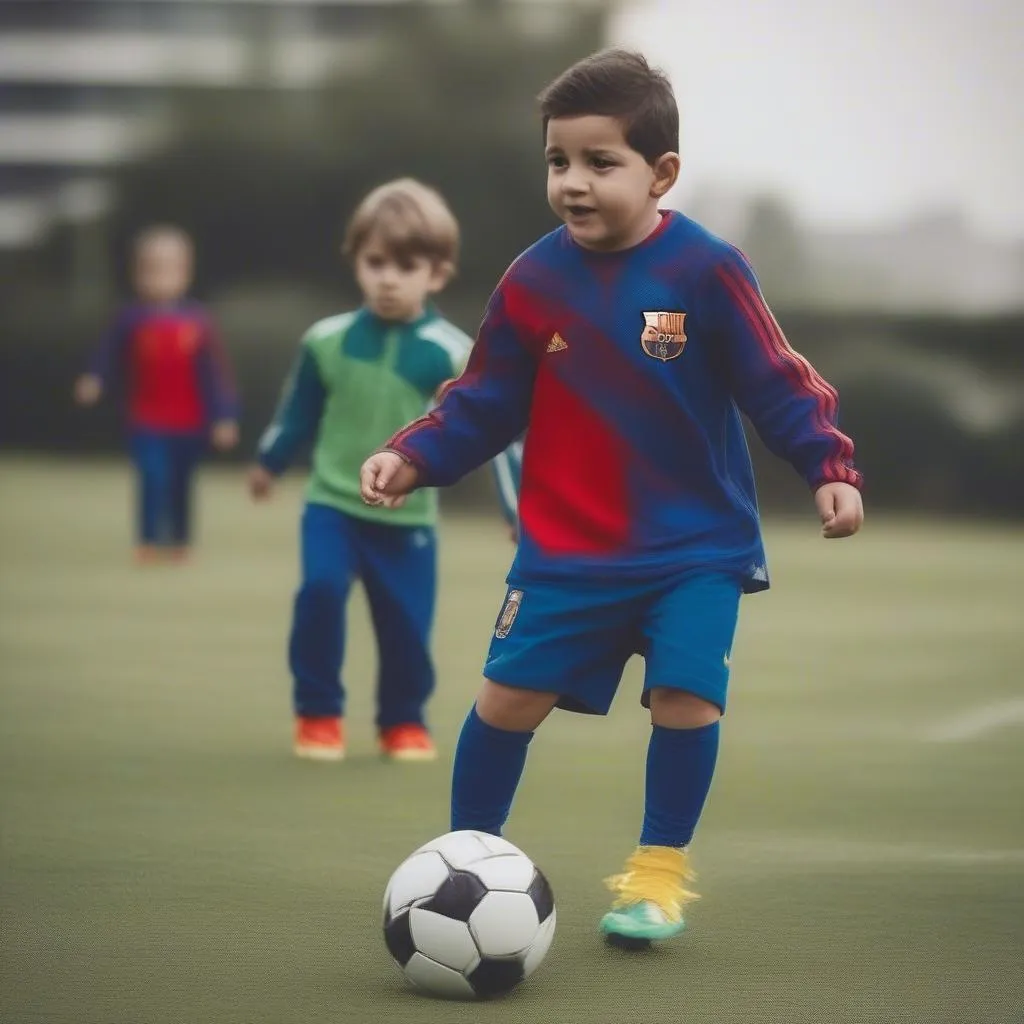 Thiago Messi được bố hướng dẫn kỹ thuật cơ bản và thường xuyên chơi bóng cùng các bạn nhỏ, thể hiện niềm đam mê bóng đá của cậu bé.