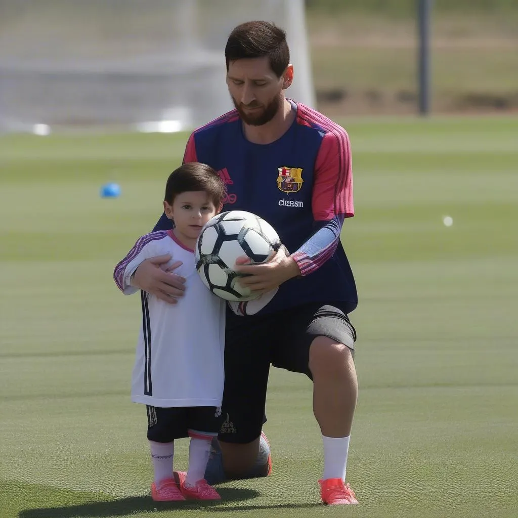 Thiago Messi tập luyện bóng đá cùng bố