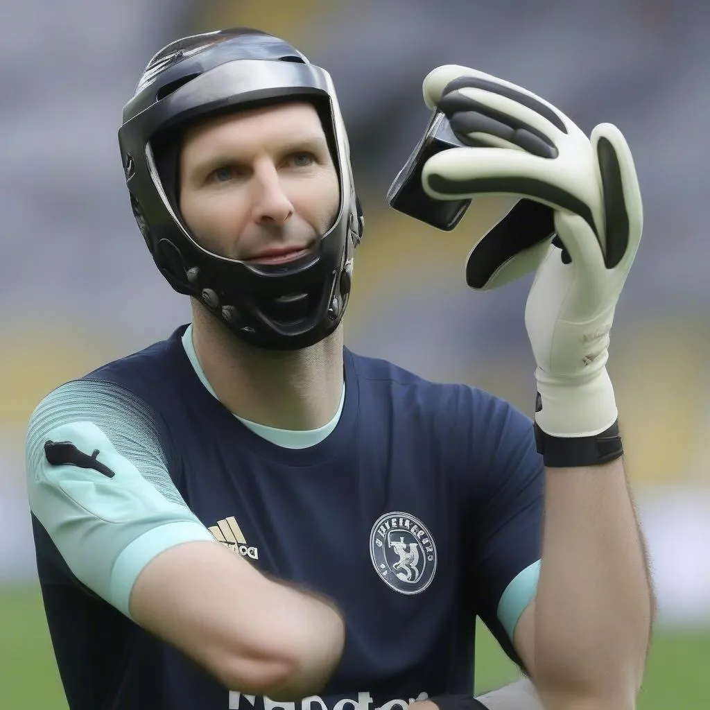 Petr Cech đội mũ bảo hiểm đặc biệt để bảo vệ phần đầu bị tổn thương sau tai nạn