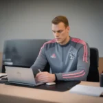 Hình ảnh Manuel Neuer đang xem video hướng dẫn trên máy tính