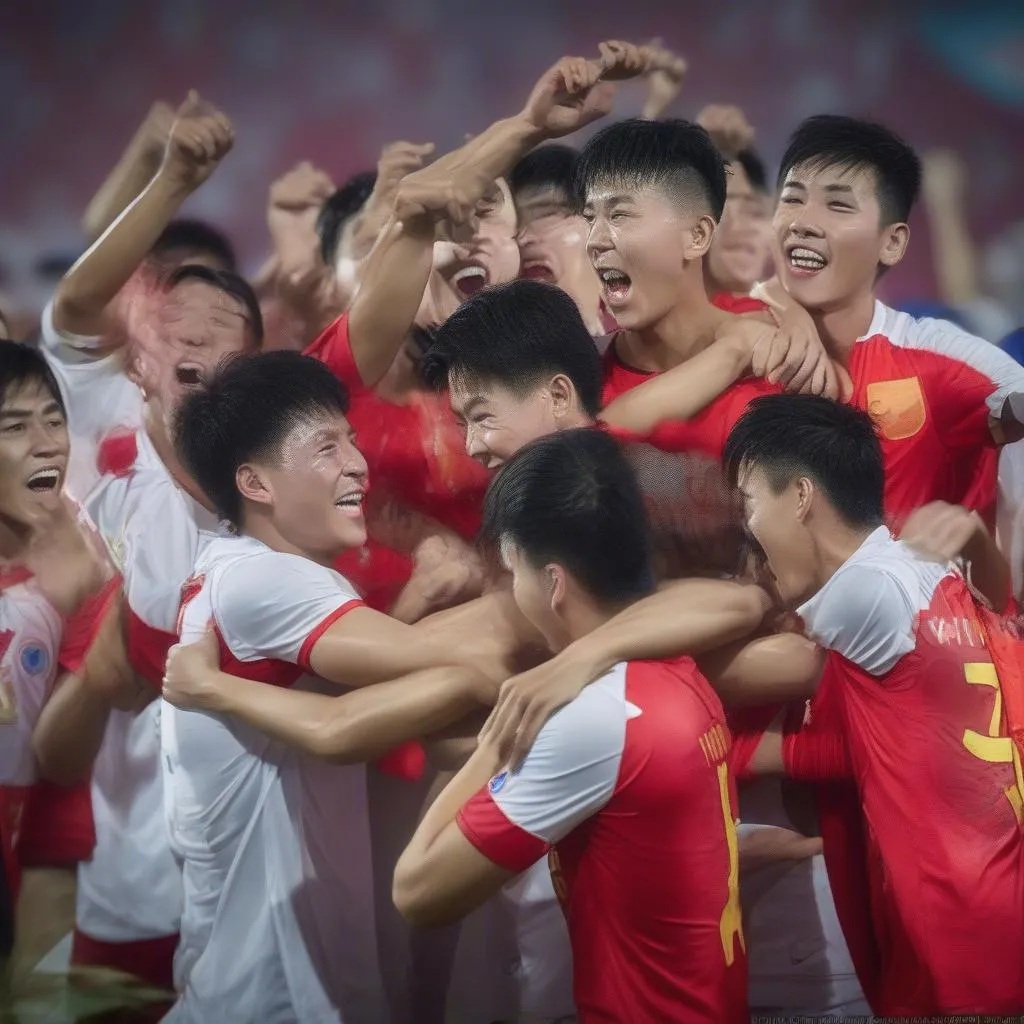 Hình ảnh đội tuyển U23 Việt Nam thi đấu tại giải U23 Châu Á 2018, với biểu cảm chiến thắng, tinh thần đồng đội