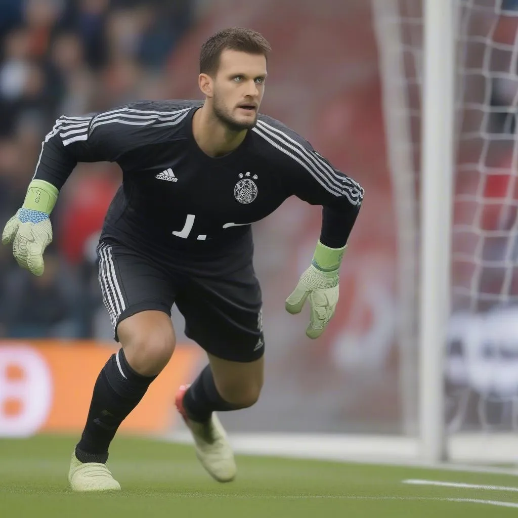 Ulreich  cố gắng cản phá quả bóng nguy hiểm, ánh mắt quyết tâm