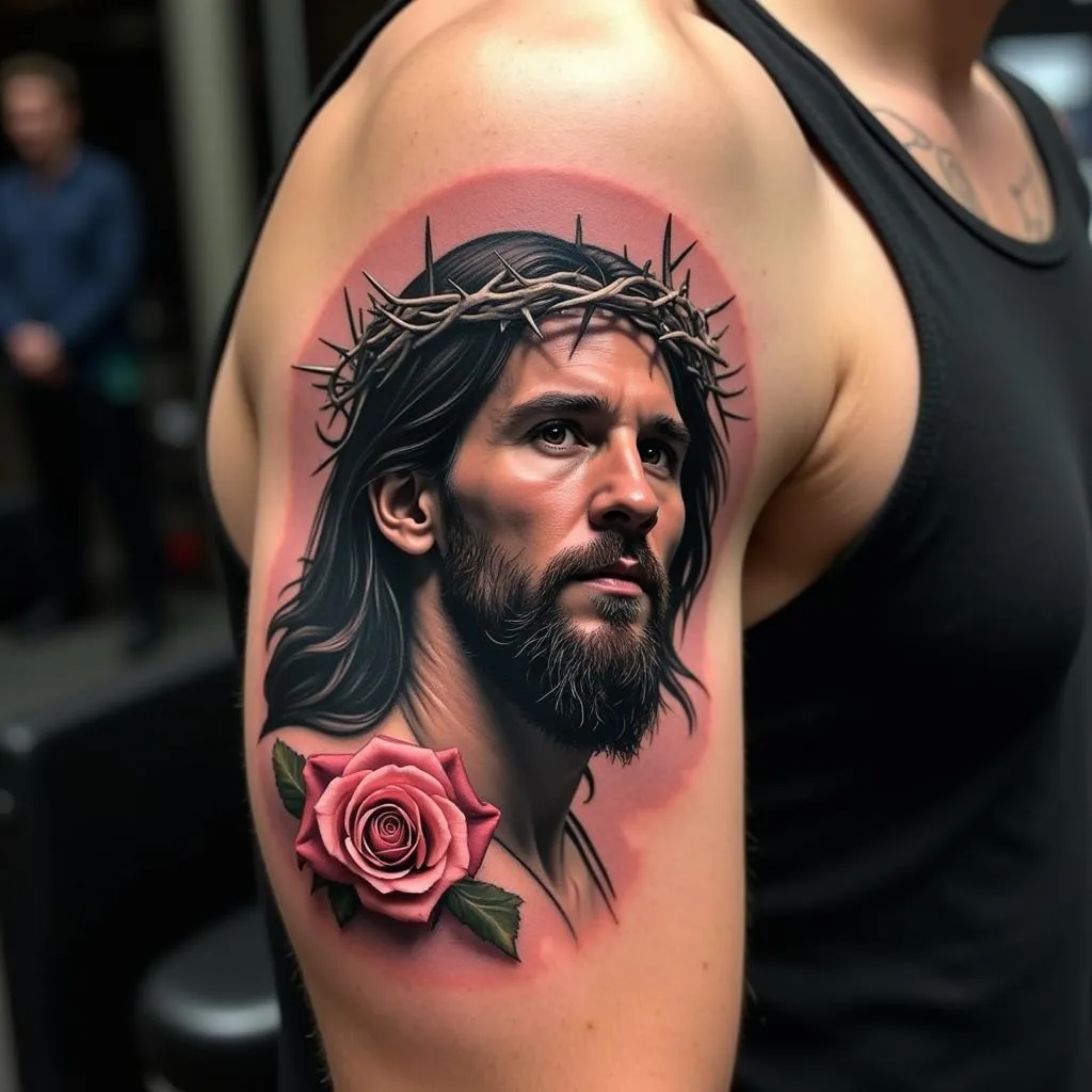 Hình xăm Chúa Jesus và hoa hồng của Messi