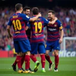 Lionel Messi celebrates a goal in a Barcelona jersey