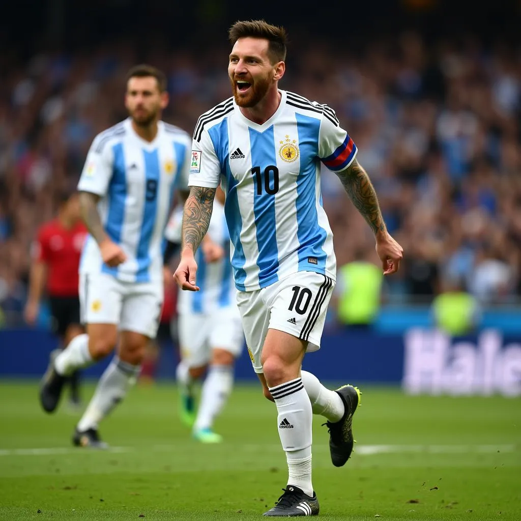 Lionel Messi celebrating a goal for Argentina in his iconic number 10 jersey