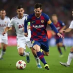 Lionel Messi đi bóng qua nhiều cầu thủ