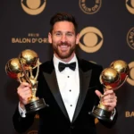 Lionel Messi with his 7 Ballon d'Or trophies