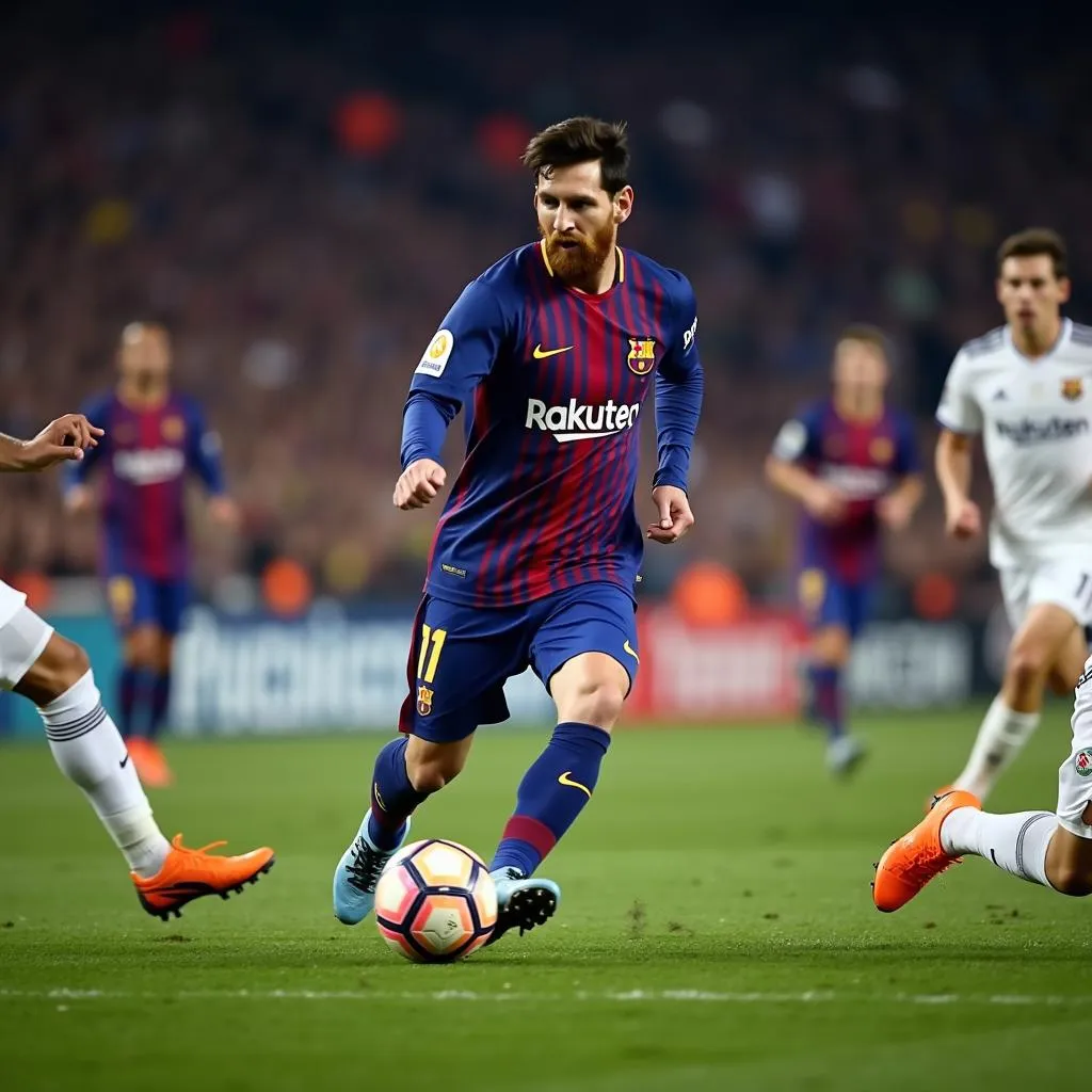 Messi đi bóng qua hàng phòng ngự