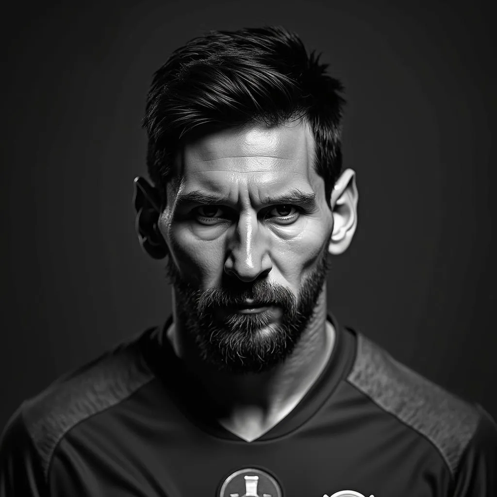 A dramatic black and white portrait of Messi looking determined