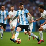 Messi dribbling with the Argentina national team jersey in 2019