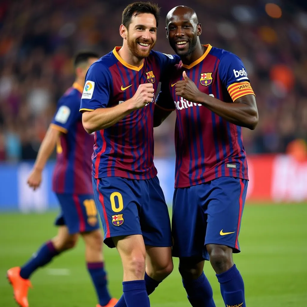 Messi và Abidal ăn mừng bàn thắng