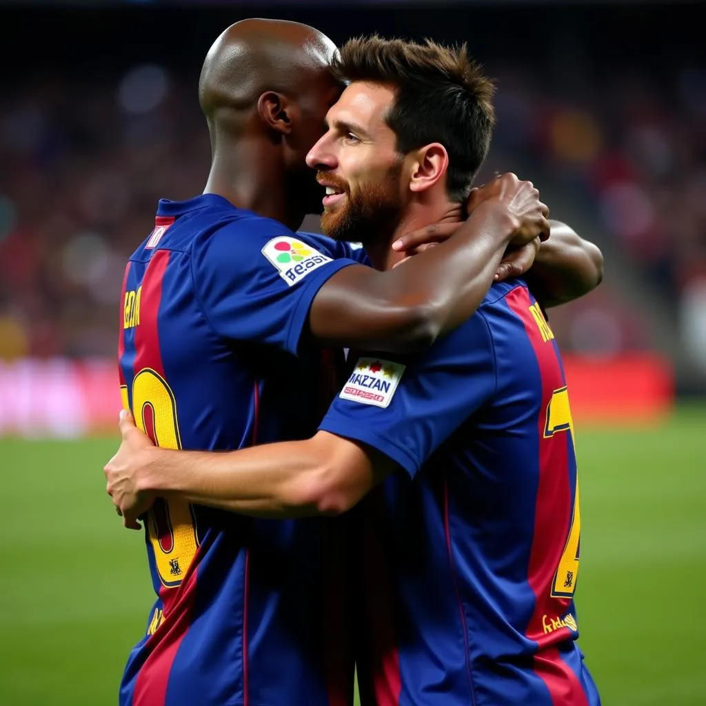 Messi và Abidal ôm nhau sau trận đấu