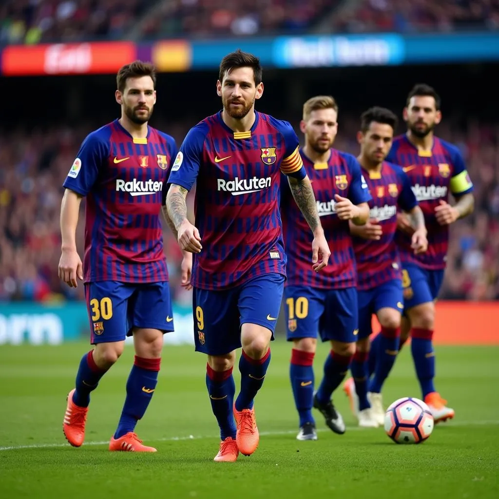 Hình Messi cùng đồng đội Barcelona