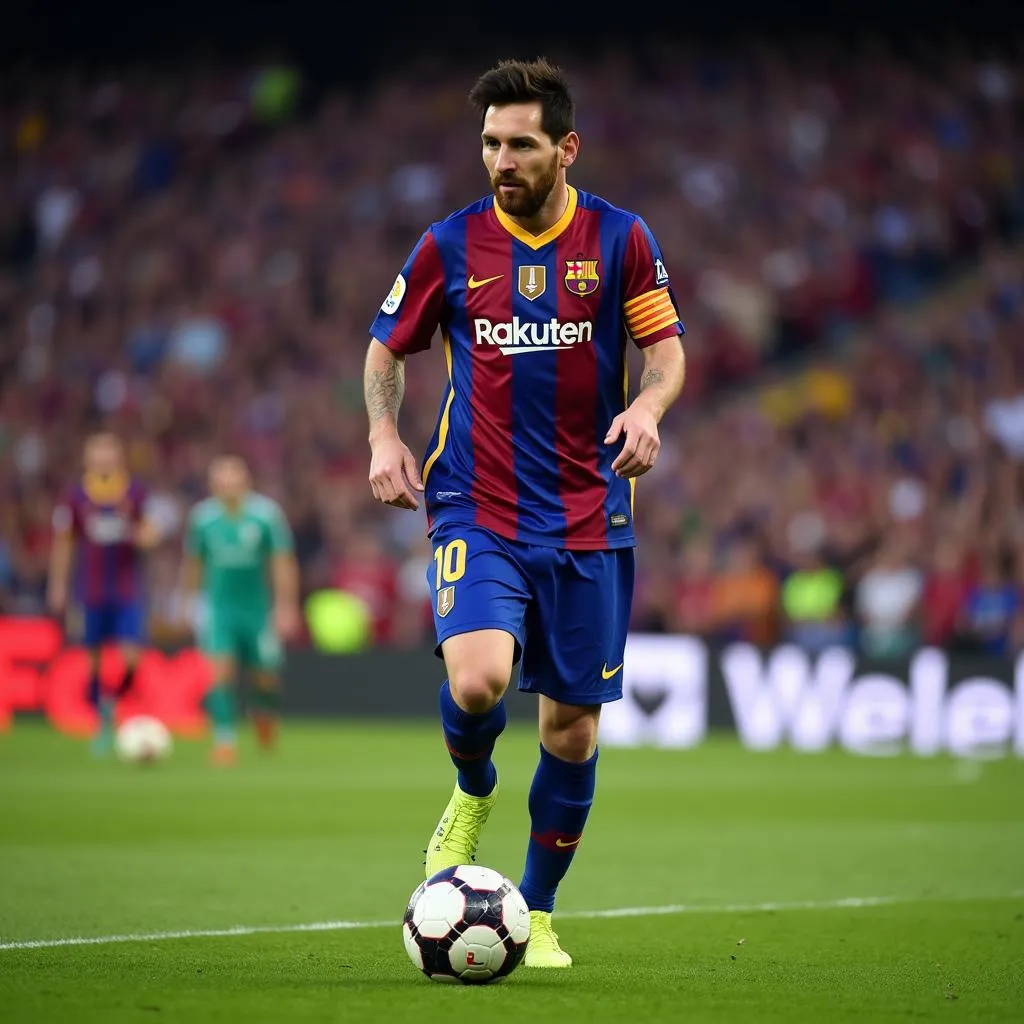 Lionel Messi cầm bóng trên sân cỏ