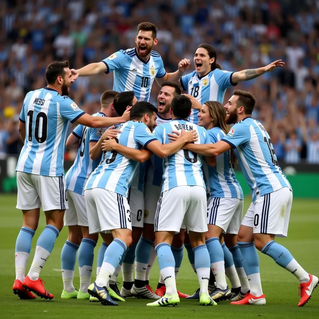 Messi cùng đồng đội Argentina ăn mừng chiến thắng