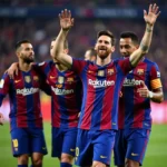 Messi ăn mừng chiến thắng cùng các đồng đội tại Barcelona