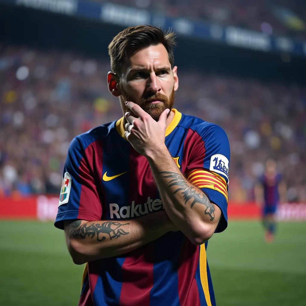 Lionel Messi looking contemplative on the sidelines of a match