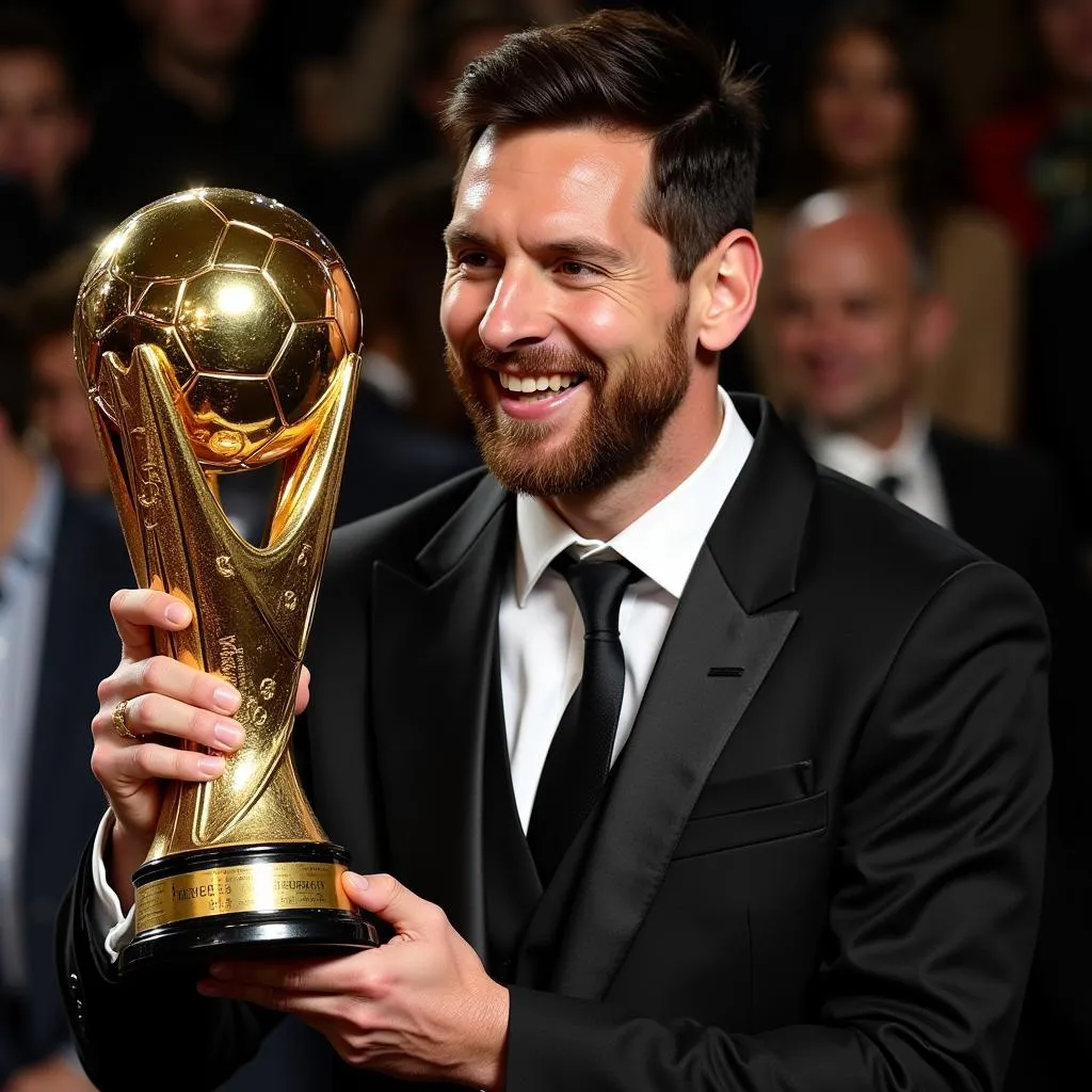 Lionel Messi holding the Ballon d'Or trophy