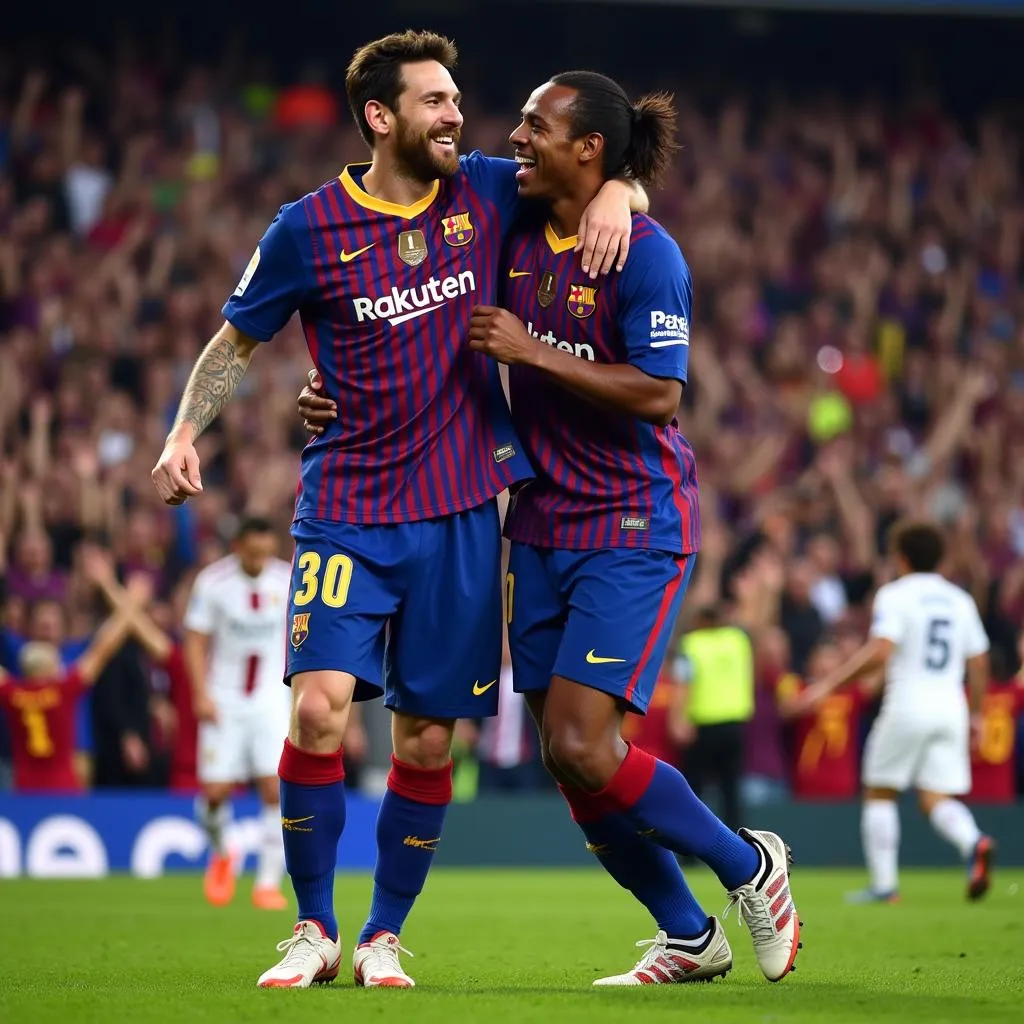 Messi và Ronaldinho ăn mừng bàn thắng