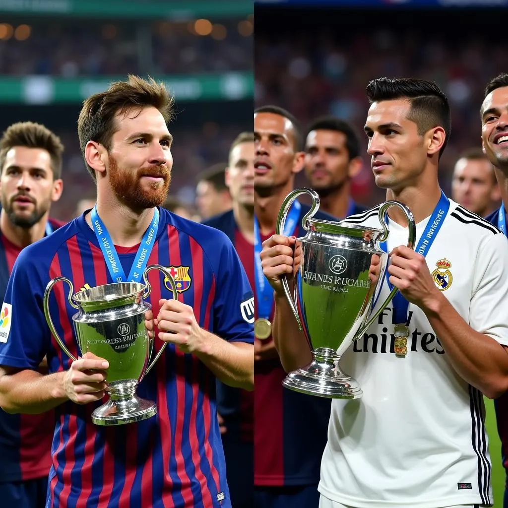 Messi and Ronaldo holding the Champions League trophy