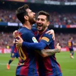 Messi và Suarez ăn mừng bàn thắng