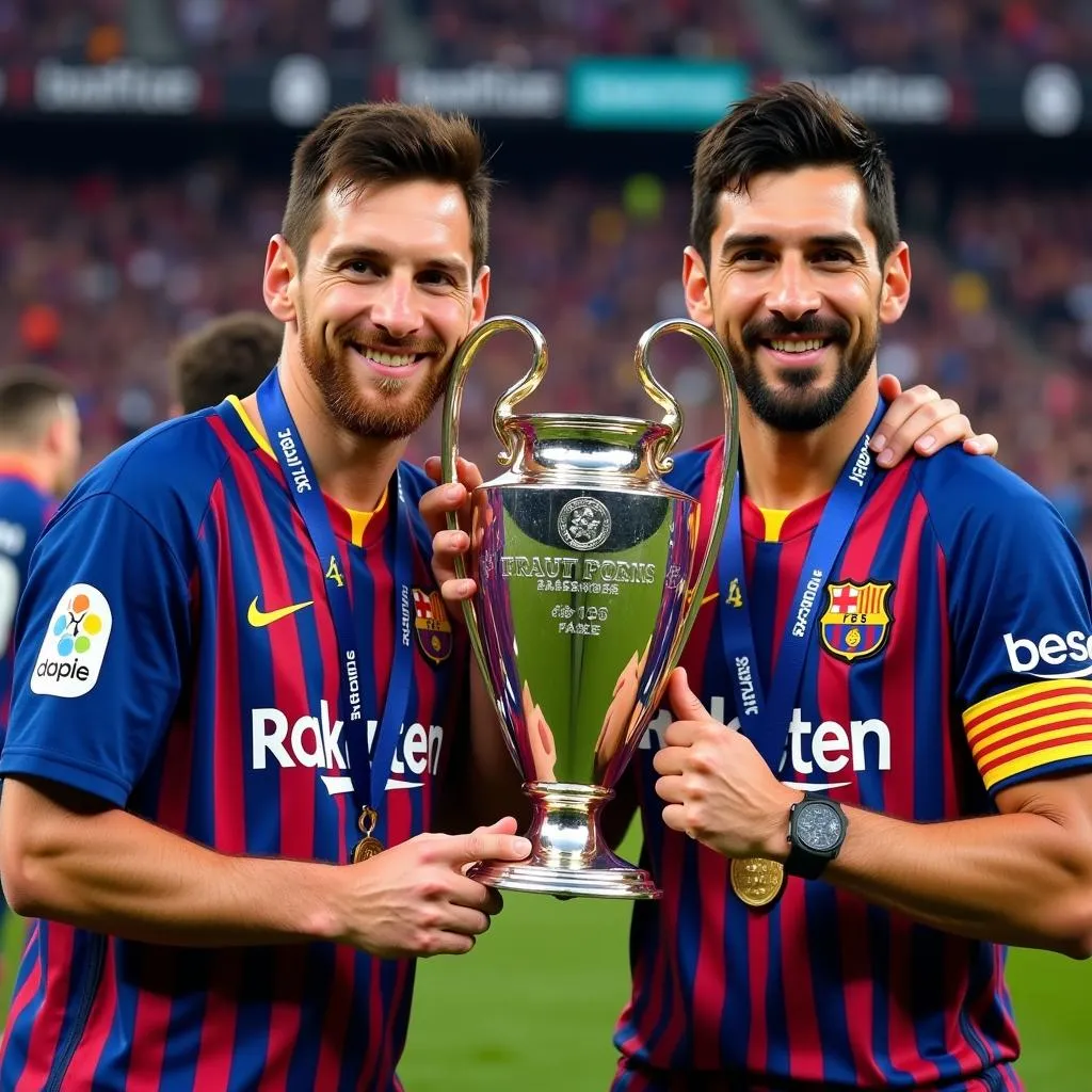 Messi and Suarez holding the Champions League trophy