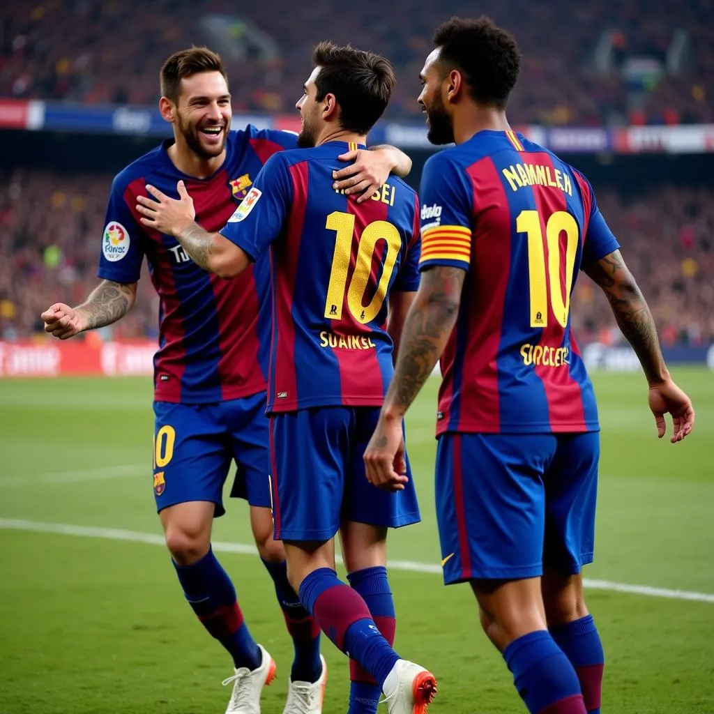 Messi, Suarez và Neymar ăn mừng