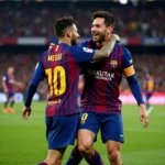 Messi và Neymar ăn mừng bàn thắng