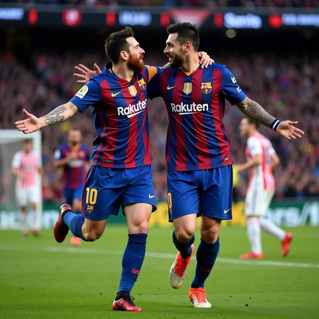 Messi and Suarez celebrating a goal together