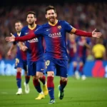 Lionel Messi celebrates a goal for Barcelona