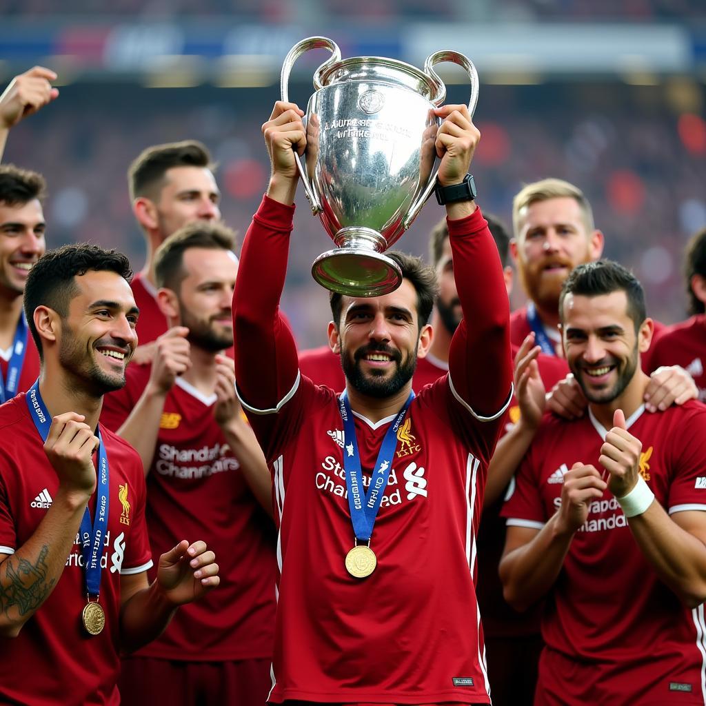 Alisson Becker nâng cao chiếc cúp Champions League