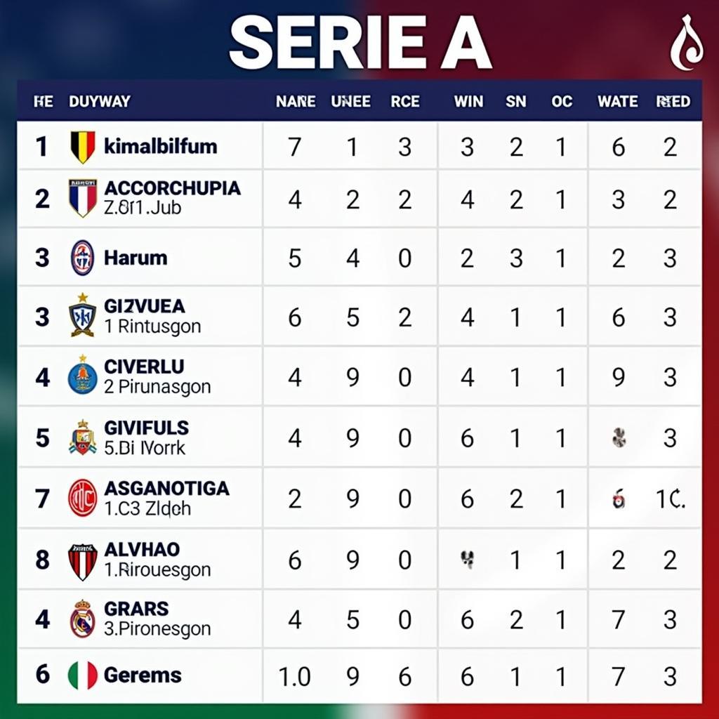 Bảng xếp hạng bóng đá Italia Serie A mới nhất, cập nhật liên tục với các thông tin về vị trí, số trận, điểm số, hiệu số bàn thắng bại của các đội bóng.