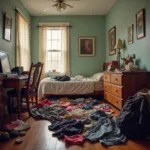 Messy bedroom scene with scattered clothes and belongings