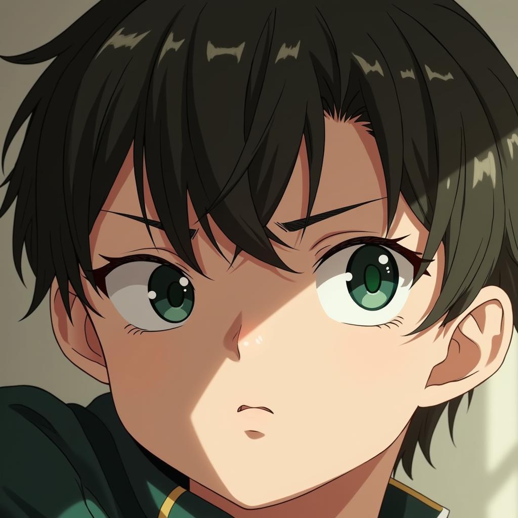 Close-up of an anime boy with hazel messy undercut hair and dark green eyes