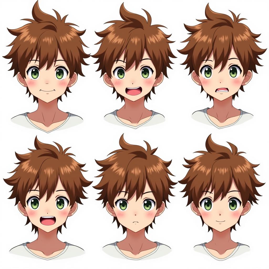 Anime boy with hazel messy undercut hair and dark green eyes displaying a range of facial expressions